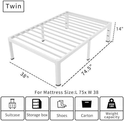 14 Inch Twin Bed Frame Metal White - Image 2