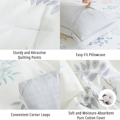 White Gray Whimsical Botanical Cotton Comforter Set Queen Size 3PC - Image 5