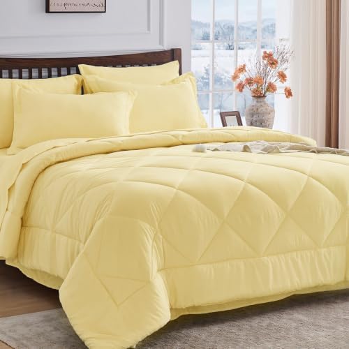 HEVUMYI 7-Piece Queen Comforter Set, Cream Yellow Bed in a Bag by HEVUMYI