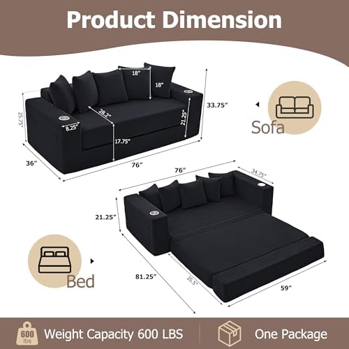 76" Boneless Convertible Sofa Bed, Corduroy Fold Out Sofa - Image 2