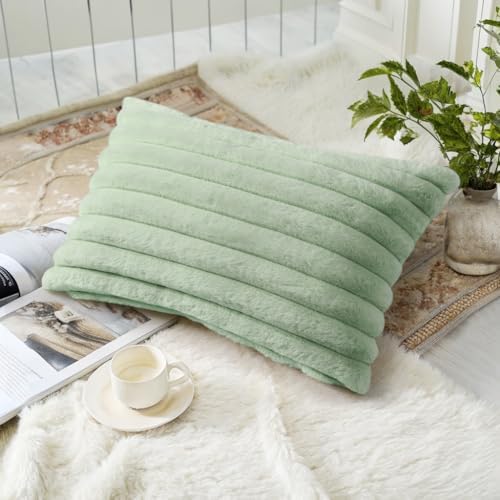 decorUhome Fall Faux Fur Throw Pillow Covers 12x20 Set of 2 Sage Green - Image 4