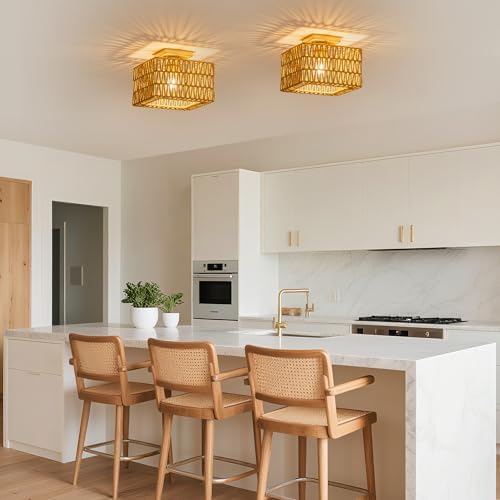 Rpzloila Rattan Ceiling Light, Square Flush Mount Ceiling Light - Image 6