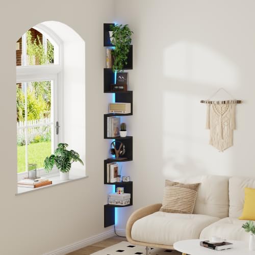 8 Tier Corner Shelf with LED Light, 75 Inch Floating by Qupui