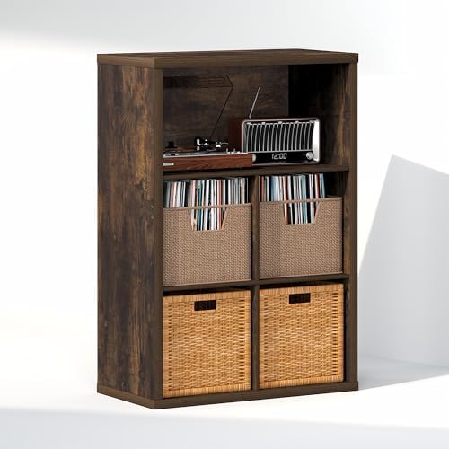 Furinno Cubicle Record Player Stand, 5-Cube Record Storage, Amber Pine - Image 3