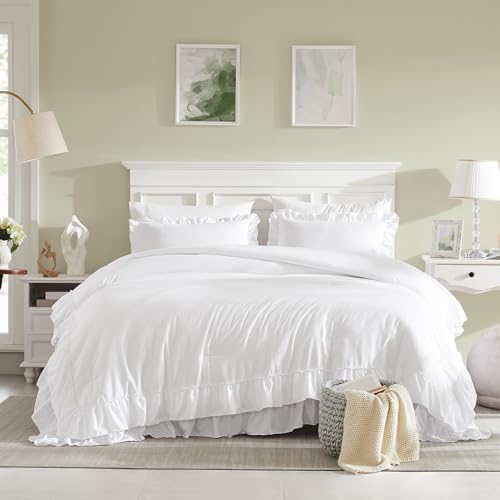 Cupocupa White Ruffle King Size Comforter Set; Shabby Chic Bedding Farmhouse - Image 2