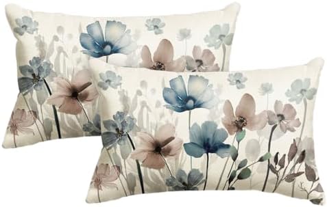 AVOIN colorlife Poppy Flowers Blue Brown Pillow Covers 12x20 Inch Set of 2 by AVOINcolorlife