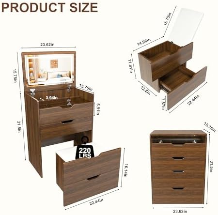 3-in-1 Vanity Desk with Lighted Mirror & Stool, Flip Top Makeup Dressing Table - Image 2