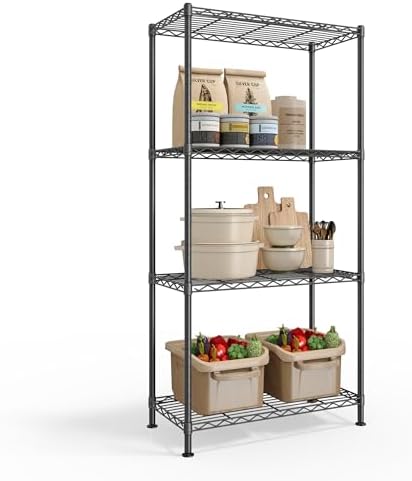 SONGMICS 4-Tier Storage Shelves, Adjustable Wire Shelving Unit, 8 Hooks by SONGMICSbySONGMICSHOME