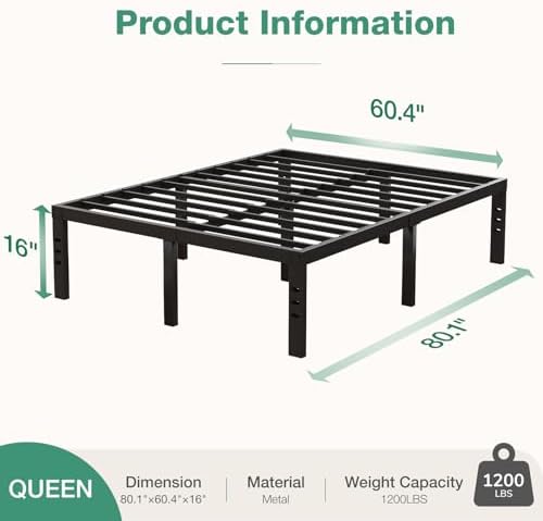 Novilla Bed Frame Queen Size, 16 Inch Simplicity Metal Platform Queen Bed Frame - Image 2
