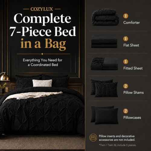 CozyLux California King Comforter Set Black, 7 Pieces Pintuck Bed in a Bag - Image 2