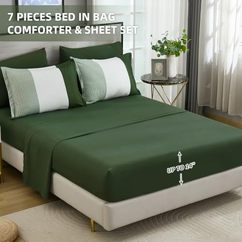 Olive Green King Size Comforter Set, 7 Pieces Boho Striped Bed in a Bag - Image 4