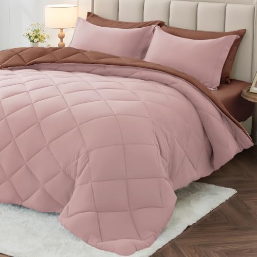 Twin Comforter Set 5 Pieces, Reversible Bed in a Bag, Rose Gold/Mocha by MUXHOMO