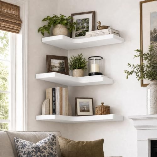 16 Inch Solid Wood Floating Corner Shelves, 3 Pack, Classic White - Image 2