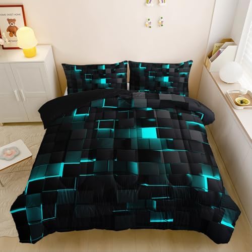 Neon Turquoise Black Comforter Set Queen Geometric Kids Bedding Set - Image 3