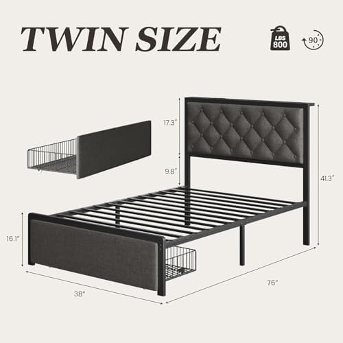 Twin Bed Frame with Storage Drawer, Upholstered Headboard Button Tufted Bed - Image 2