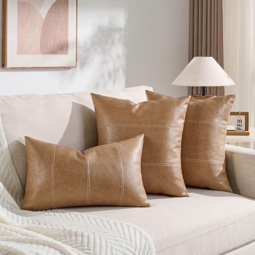Fancy Homi Light Brown Boho Long Lumbar Faux Leather Decorative Throw Pillow - Image 2