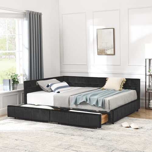 RuiSiSi Full Size Daybed with Storage Drawers, Velvet Corner Bed with L-Shaped - Image 4