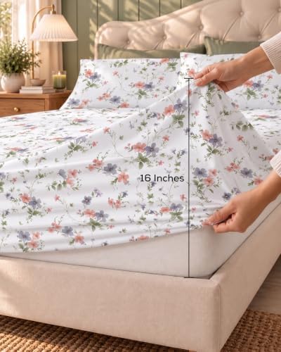 Queen Sheets Set, 4 Pieces 16" Deep Pocket, Hotel Luxury, Floral Trail - Image 5
