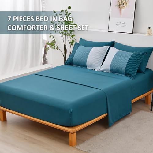 Teal Comforter Set Queen, 7 Piece Blue Striped Bedding Set - Image 6