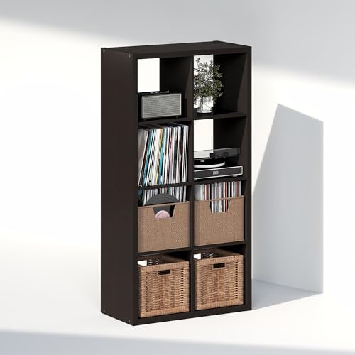 Furinno Cubicle Record Player Stand, 8-Cube Record Storage, Dark Oak - Image 4