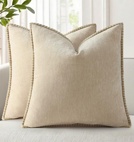 decorUhome Soft Chenille Throw Pillow Covers 12x12 Set of 2 Beige by decorUhome