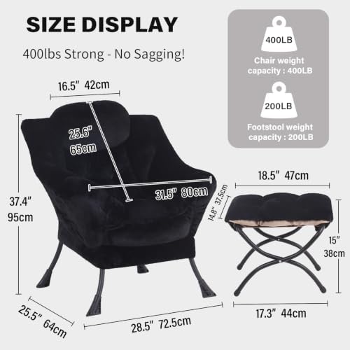 Tiita Lazy Chair with Ottoman, Comfy Reading Accent Chair, Plush Black - Image 3