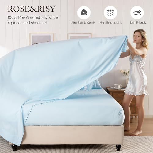 ROSE&RISY Baby Blue Queen Sheet Set, Pre-Washed Cotton-Like Brushed Microfiber - Image 3