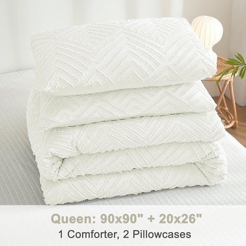 Litanika Queen Size Comforter Set, 3 Pieces Ivory Tufted Boho Bedding Set - Image 6