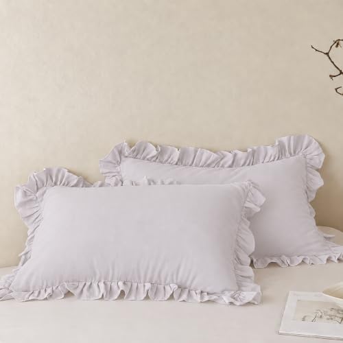 Beige Gray Pillowcases King Pillowcases Ruffled Pillow Shams Set of 2 Cute - Image 2