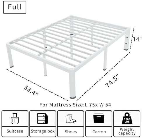 14 Inch Full Bed Frame Metal White - Image 2