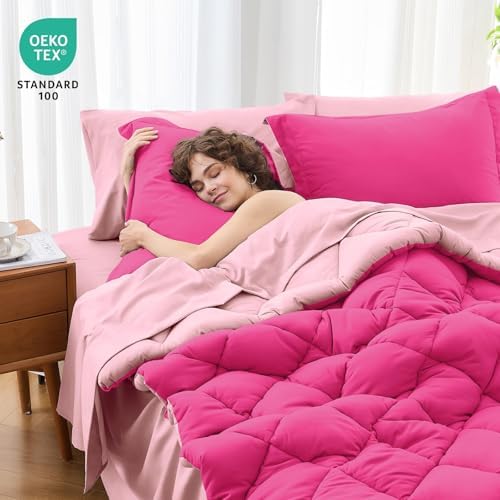 Queen Comforter Set 7 Pieces, Reversible Bed in a Bag, Hot Pink/Baby Pink - Image 2