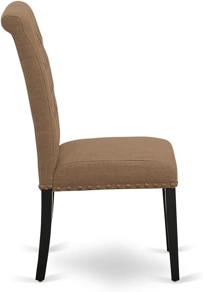 East West Furniture BRP1T17 Bremond Parson Dining Room Chairs - Button Tufted Nailhead Trim Light Sable Linen Fabric Padded Chairs, Set of 2, Black