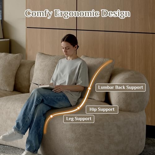 113" Curved Chenille Sectional, 4 Seater Cloud Couch, Light Brown - Image 6