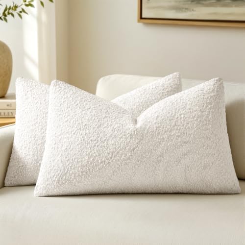 MIULEE 12x20 Decorative Lumbar Boucle Couch Pillow Covers White by MIULEE