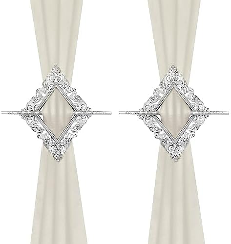 2 Pack Silver Rhombus Curtain Tiebacks, Square Drapery Holdbacks by Mewutal