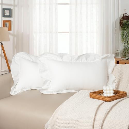 JoraLion Ruffled Throw Pillow Cover 12x20 Solid White by JoraLion