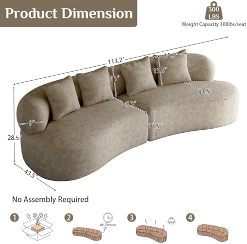 113" Curved Chenille Sectional, 4 Seater Cloud Couch, Light Brown - Image 2