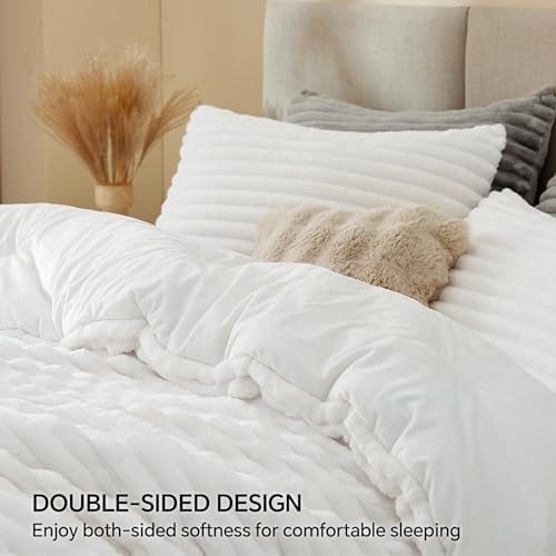 BEDELITE Fleece California King Comforter Set, Fluffy Bed Set, Bright White - Image 4