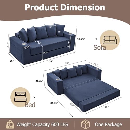 76" Oversized Loveseat Pull Out Sofa, 2 in1 Convertible Loveseat Sofa - Image 2