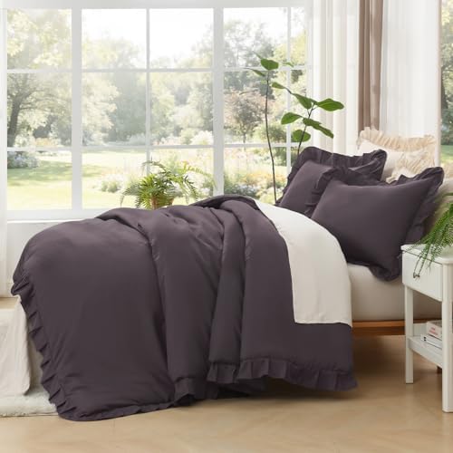 Litanika King Comforter Set, 3 Pieces Black Purple Ruffle Bedding Set - Image 4