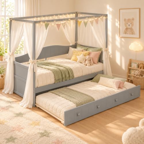 Merax Twin Canopy Daybed with Twin Trundle, Wooden Frame by Merax