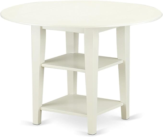 East West Furniture SUWE3-LWH-W 3 Piece Modern Dining Table Set Contains a Round Wooden Table with Dropleaf & Shelves and 2 Dining Room Chairs, 42x42 Inch, Linen White