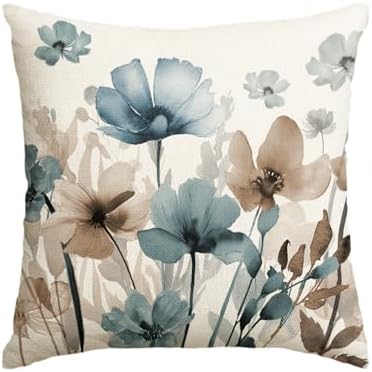AVOIN colorlife Poppy Flowers Blue Brown Throw Pillow Cover 18x18 Inch by AVOINcolorlife