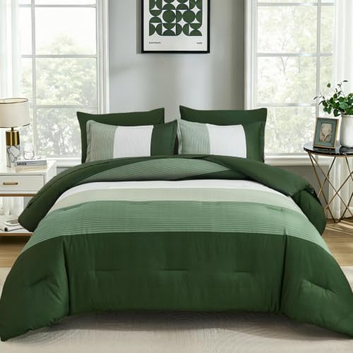 Olive Green King Size Comforter Set, 7 Pieces Boho Striped Bed in a Bag - Image 2