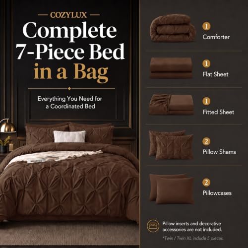 CozyLux King Size Comforter Set Brown, 7 Pieces Pintuck Bed in a Bag - Image 3