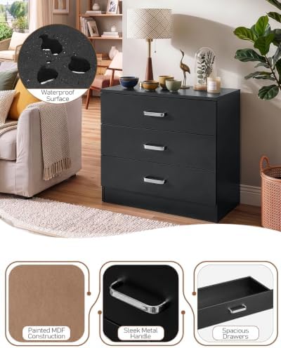 Karl home Black 3 Drawer Dresser, Modern Small Chest of Drawers - Image 4