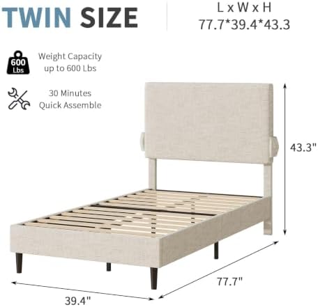 Twin Bed Frame with Chenille Headboard and Side Pockets - Image 2