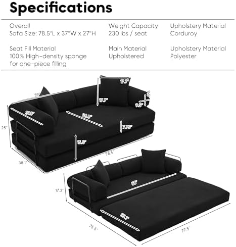 78" Convertible Futon Sofa Bed, Boneless Couches - Image 2