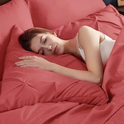 Bedsure 7-Piece King Size Comforter Set & Sheets, Coral Red King Bedding - Image 3