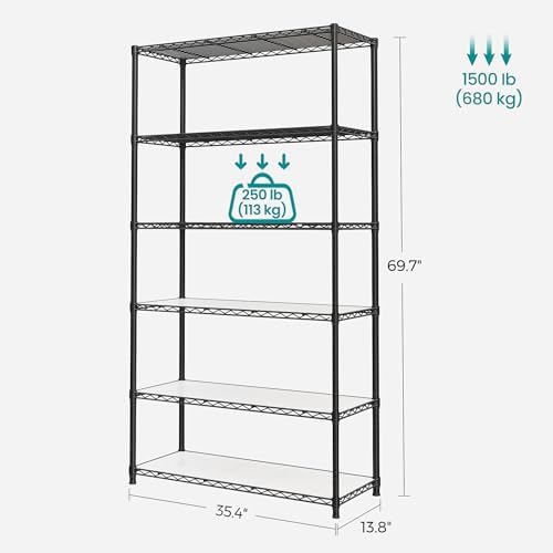 SONGMICS 6-Tier Storage Shelves, Adjustable Wire Shelving Unit, 8 Hooks - Image 3